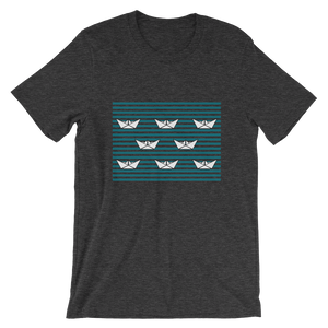 8 Paper Boats Unisex T-Shirt, Collection Origami Boat-Dark Grey Heather-S-Tamed Winds-tshirt-shop-and-sailing-blog-www-tamedwinds-com