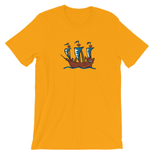 Explorer’s Caravele Flagship Unisex T-Shirt, Collection Ships & Boats-Gold-S-Tamed Winds-tshirt-shop-and-sailing-blog-www-tamedwinds-com