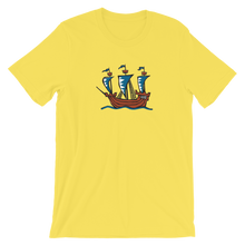Explorer’s Caravele Flagship Unisex T-Shirt, Collection Ships & Boats-Yellow-S-Tamed Winds-tshirt-shop-and-sailing-blog-www-tamedwinds-com