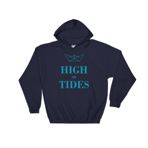 High On Tides Unisex Hooded Sweatshirt, Collection Origami Boat-Navy-S-Tamed Winds-tshirt-shop-and-sailing-blog-www-tamedwinds-com