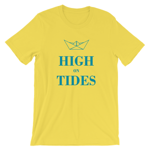 High On Tides Unisex T-Shirt, Collection Origami Boat-Yellow-S-Tamed Winds-tshirt-shop-and-sailing-blog-www-tamedwinds-com