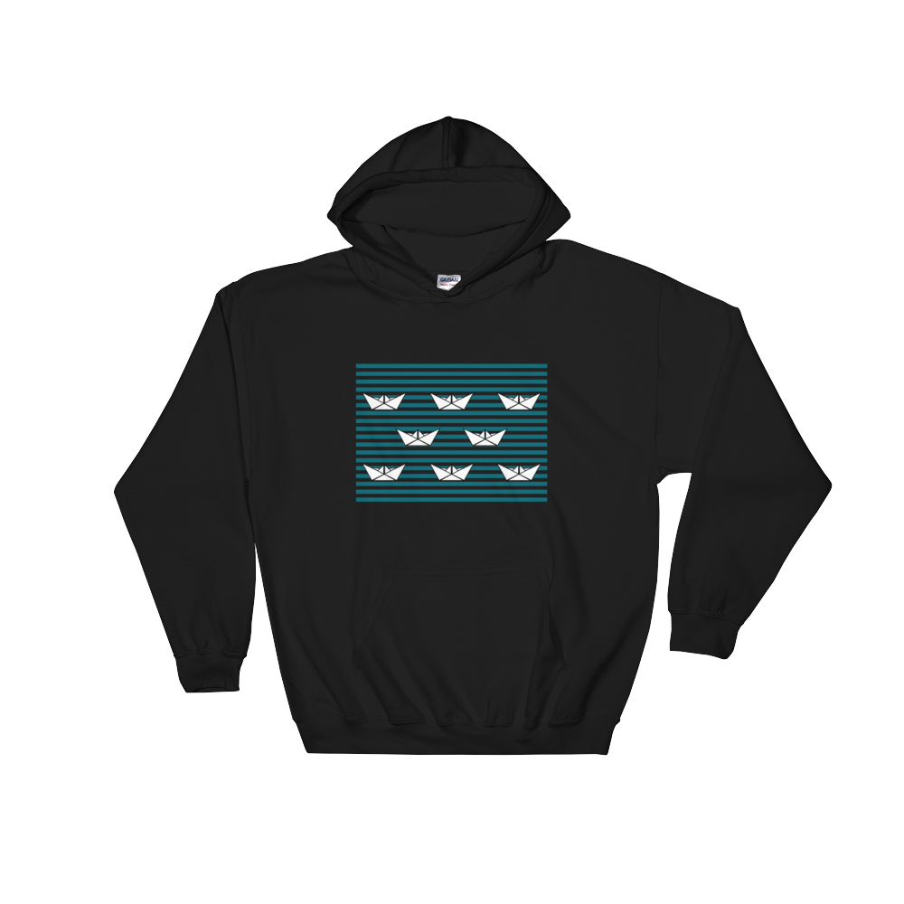 8 Paper Boats Unisex Hooded Sweatshirt, Collection Origami Boat-Black-S-Tamed Winds-tshirt-shop-and-sailing-blog-www-tamedwinds-com