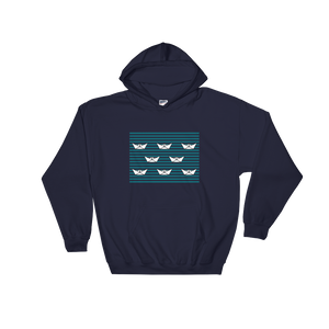 8 Paper Boats Unisex Hooded Sweatshirt, Collection Origami Boat-Navy-S-Tamed Winds-tshirt-shop-and-sailing-blog-www-tamedwinds-com
