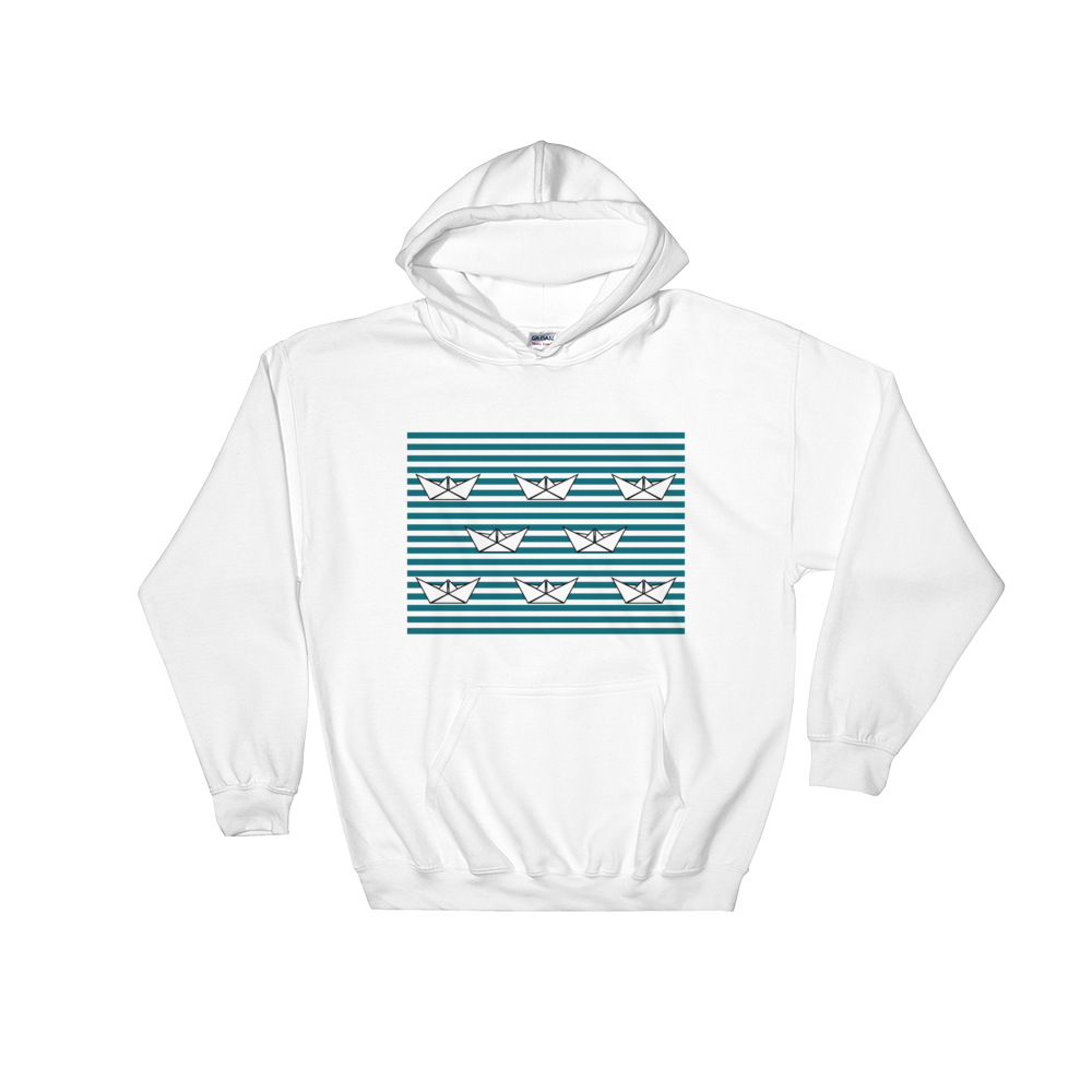 8 Paper Boats Unisex Hooded Sweatshirt, Collection Origami Boat-White-S-Tamed Winds-tshirt-shop-and-sailing-blog-www-tamedwinds-com
