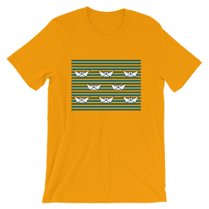 8 Paper Boats Unisex T-Shirt, Collection Origami Boat-Gold-S-Tamed Winds-tshirt-shop-and-sailing-blog-www-tamedwinds-com