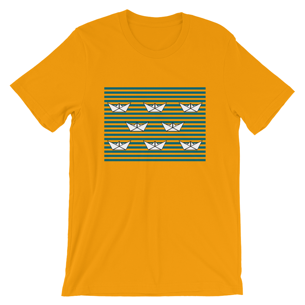 8 Paper Boats Unisex T-Shirt, Collection Origami Boat-Gold-S-Tamed Winds-tshirt-shop-and-sailing-blog-www-tamedwinds-com