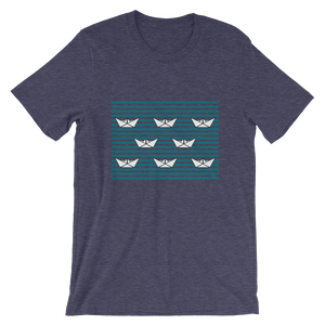 8 Paper Boats Unisex T-Shirt, Collection Origami Boat-Heather Midnight Navy-S-Tamed Winds-tshirt-shop-and-sailing-blog-www-tamedwinds-com