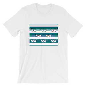 8 Paper Boats Unisex T-Shirt, Collection Origami Boat-White-S-Tamed Winds-tshirt-shop-and-sailing-blog-www-tamedwinds-com