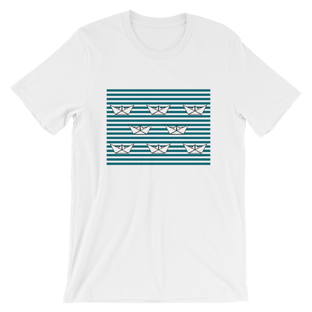 8 Paper Boats Unisex T-Shirt, Collection Origami Boat-White-S-Tamed Winds-tshirt-shop-and-sailing-blog-www-tamedwinds-com