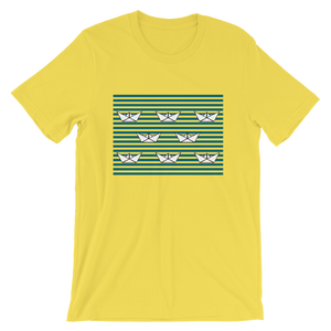 8 Paper Boats Unisex T-Shirt, Collection Origami Boat-Yellow-S-Tamed Winds-tshirt-shop-and-sailing-blog-www-tamedwinds-com