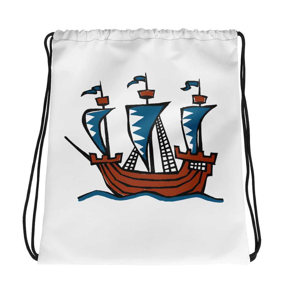 Explorer’s Caravele Flagship Drawstring Bag, Collection Ships & Boats-Tamed Winds-tshirt-shop-and-sailing-blog-www-tamedwinds-com