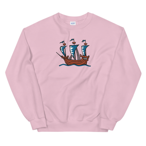 Explorer’s Caravele Flagship Unisex Crewneck Sweatshirt, Collection Ships & Boats-Light Pink-S-Tamed Winds-tshirt-shop-and-sailing-blog-www-tamedwinds-com