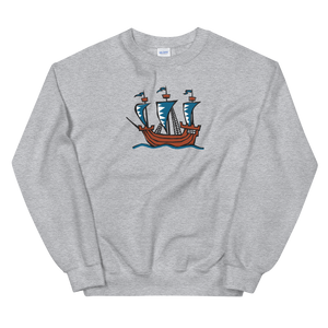 Explorer’s Caravele Flagship Unisex Crewneck Sweatshirt, Collection Ships & Boats-Sport Grey-S-Tamed Winds-tshirt-shop-and-sailing-blog-www-tamedwinds-com