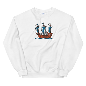Explorer’s Caravele Flagship Unisex Crewneck Sweatshirt, Collection Ships & Boats-White-S-Tamed Winds-tshirt-shop-and-sailing-blog-www-tamedwinds-com