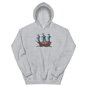 Explorer’s Caravele Flagship Unisex Hooded Sweatshirt, Collection Ships & Boats-Sport Grey-S-Tamed Winds-tshirt-shop-and-sailing-blog-www-tamedwinds-com