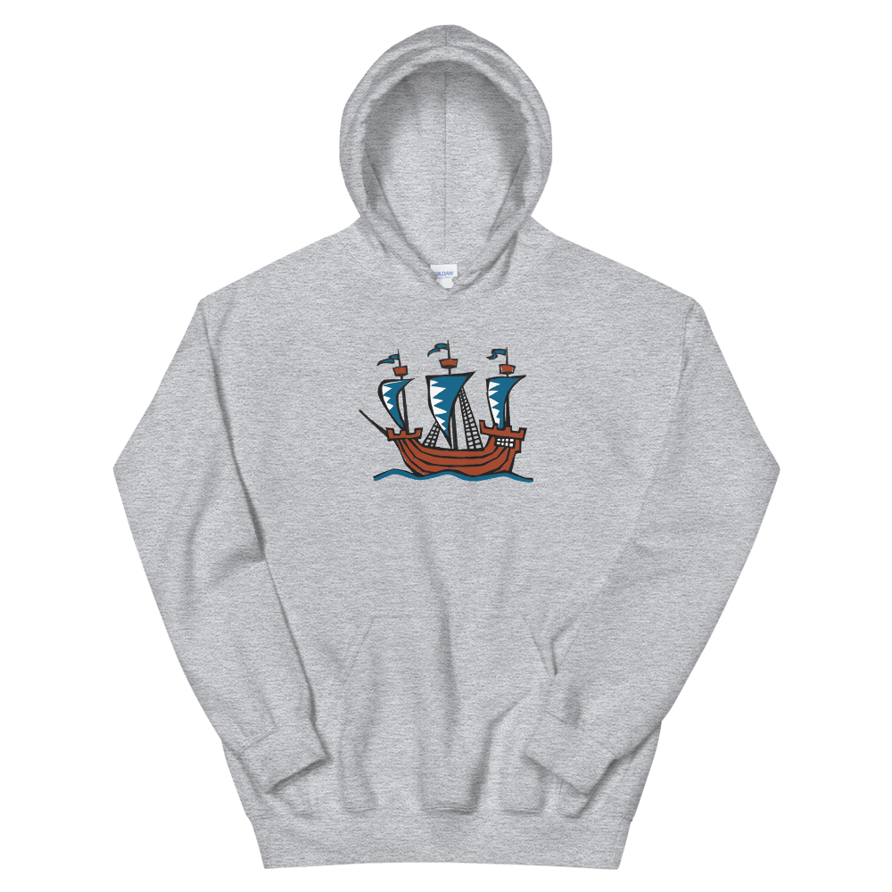 Explorer’s Caravele Flagship Unisex Hooded Sweatshirt, Collection Ships & Boats-Sport Grey-S-Tamed Winds-tshirt-shop-and-sailing-blog-www-tamedwinds-com