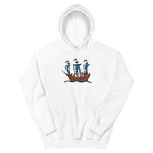 Explorer’s Caravele Flagship Unisex Hooded Sweatshirt, Collection Ships & Boats-White-S-Tamed Winds-tshirt-shop-and-sailing-blog-www-tamedwinds-com