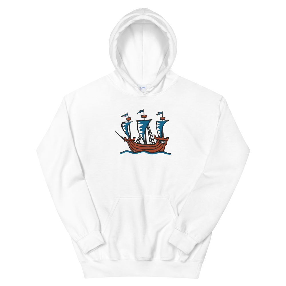 Explorer’s Caravele Flagship Unisex Hooded Sweatshirt, Collection Ships & Boats-White-S-Tamed Winds-tshirt-shop-and-sailing-blog-www-tamedwinds-com