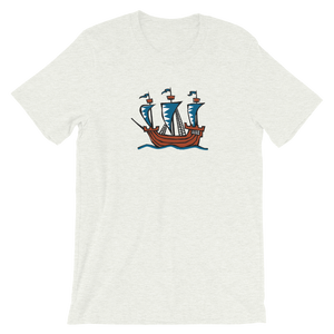 Explorer’s Caravele Flagship Unisex T-Shirt, Collection Ships & Boats-Ash-S-Tamed Winds-tshirt-shop-and-sailing-blog-www-tamedwinds-com