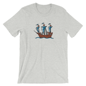Explorer’s Caravele Flagship Unisex T-Shirt, Collection Ships & Boats-Athletic Heather-S-Tamed Winds-tshirt-shop-and-sailing-blog-www-tamedwinds-com