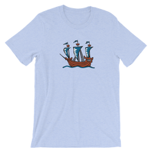 Explorer’s Caravele Flagship Unisex T-Shirt, Collection Ships & Boats-Heather Blue-S-Tamed Winds-tshirt-shop-and-sailing-blog-www-tamedwinds-com