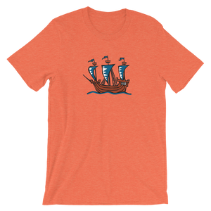 Explorer’s Caravele Flagship Unisex T-Shirt, Collection Ships & Boats-Heather Orange-S-Tamed Winds-tshirt-shop-and-sailing-blog-www-tamedwinds-com