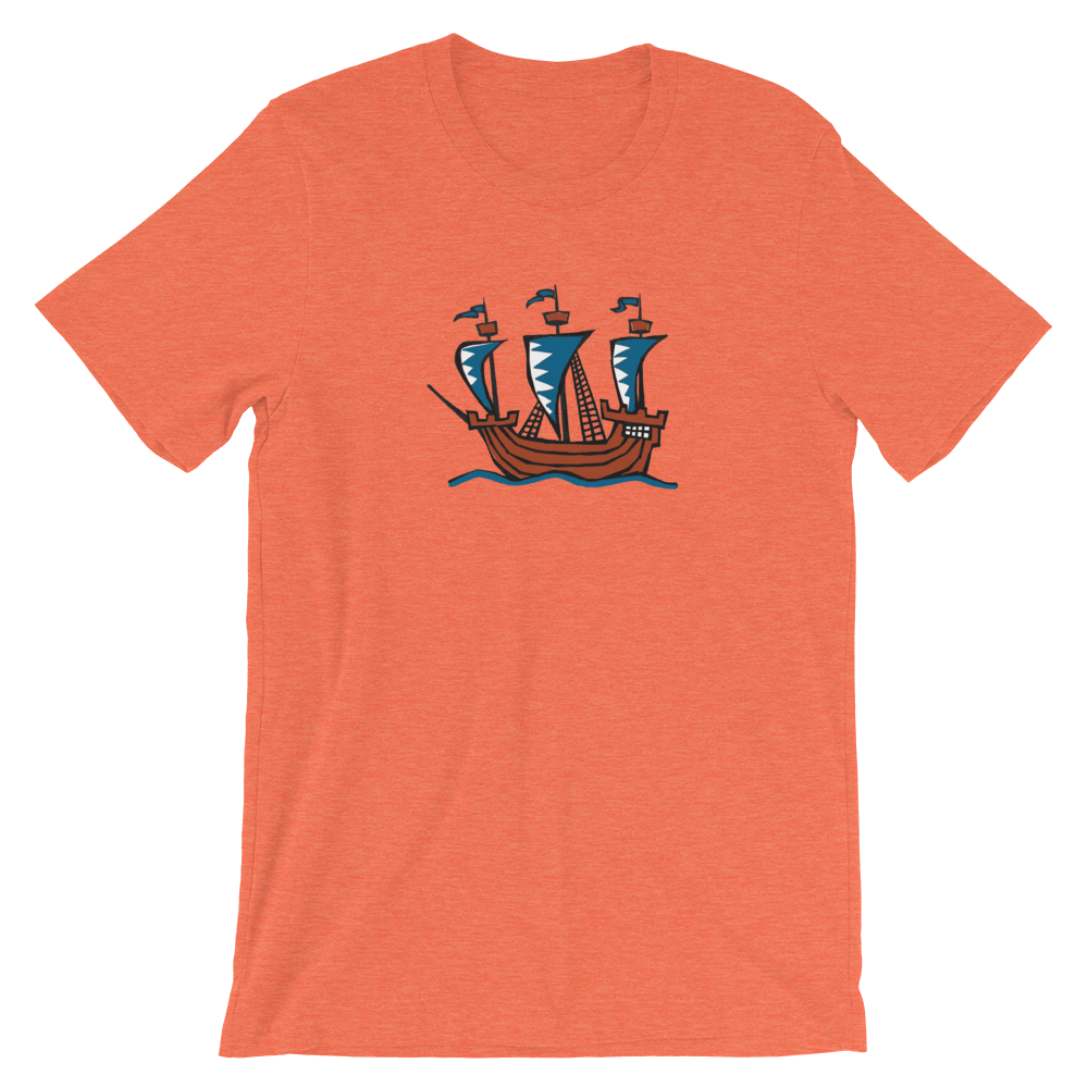 Explorer’s Caravele Flagship Unisex T-Shirt, Collection Ships & Boats-Heather Orange-S-Tamed Winds-tshirt-shop-and-sailing-blog-www-tamedwinds-com