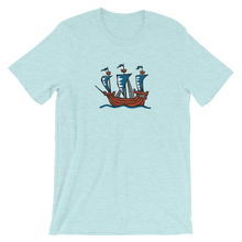 Explorer’s Caravele Flagship Unisex T-Shirt, Collection Ships & Boats-Heather Prism Ice Blue-XS-Tamed Winds-tshirt-shop-and-sailing-blog-www-tamedwinds-com