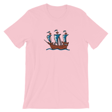 Explorer’s Caravele Flagship Unisex T-Shirt, Collection Ships & Boats-Pink-S-Tamed Winds-tshirt-shop-and-sailing-blog-www-tamedwinds-com