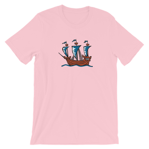 Explorer’s Caravele Flagship Unisex T-Shirt, Collection Ships & Boats-Pink-S-Tamed Winds-tshirt-shop-and-sailing-blog-www-tamedwinds-com
