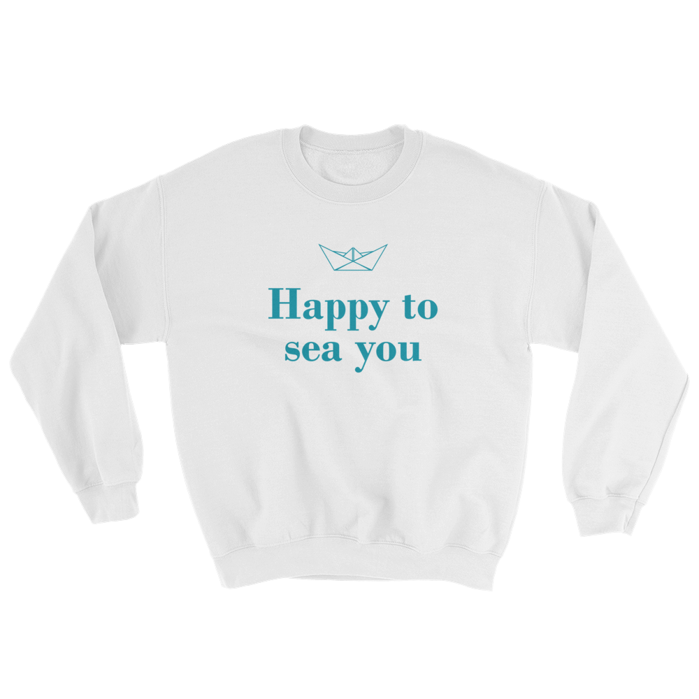 Happy To Sea You Unisex Crewneck Sweatshirt, Collection Origami Boat-White-S-Tamed Winds-tshirt-shop-and-sailing-blog-www-tamedwinds-com
