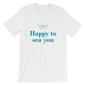 Happy To Sea You Unisex T-Shirt, Collection Origami Boat-White-S-Tamed Winds-tshirt-shop-and-sailing-blog-www-tamedwinds-com
