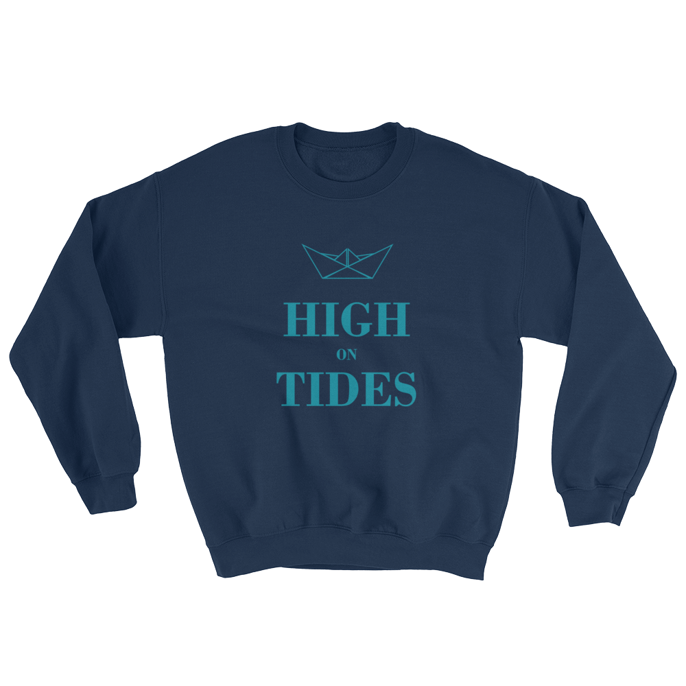 High On Tides Unisex Crewneck Sweatshirt, Collection Origami Boat-Navy-S-Tamed Winds-tshirt-shop-and-sailing-blog-www-tamedwinds-com