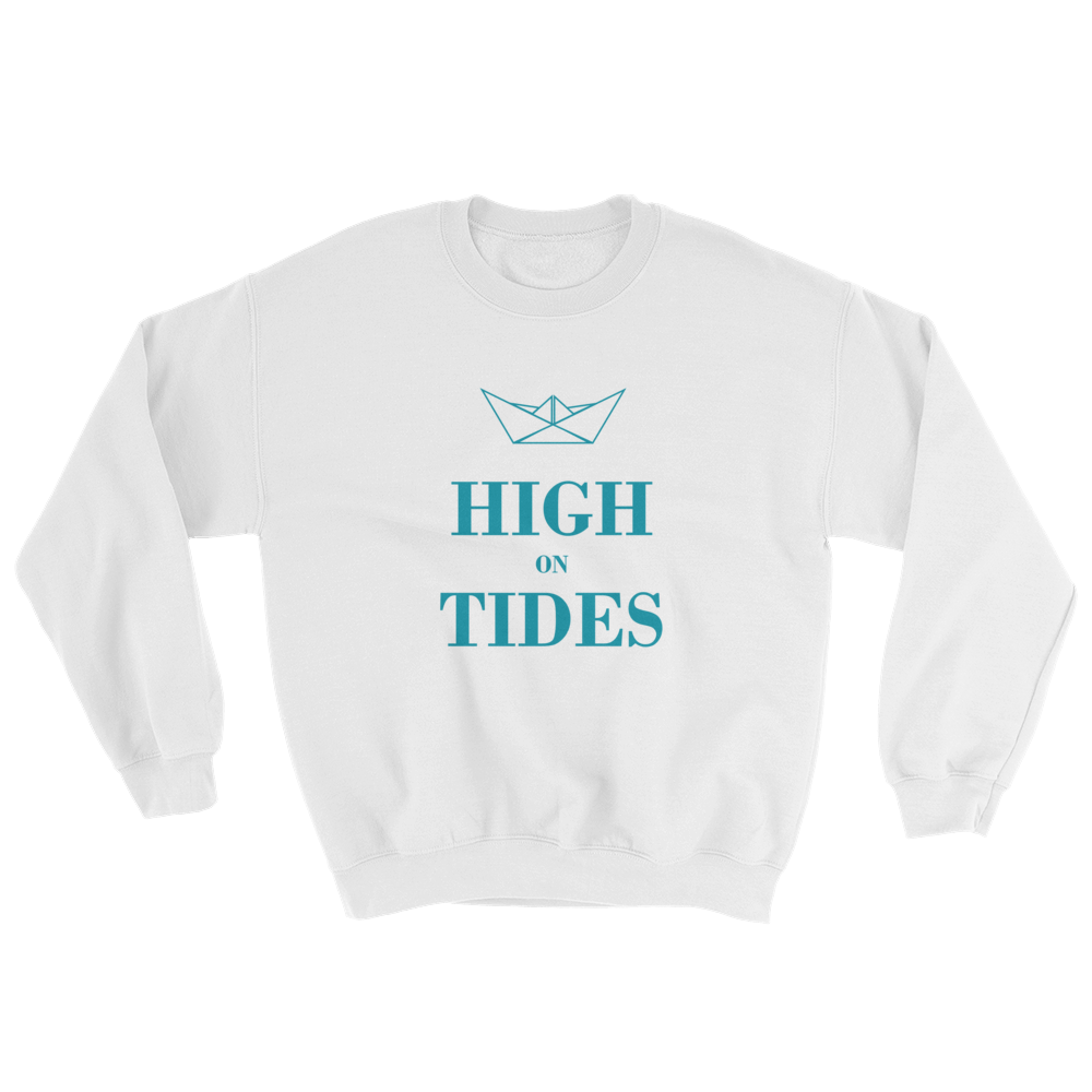 High On Tides Unisex Crewneck Sweatshirt, Collection Origami Boat-White-S-Tamed Winds-tshirt-shop-and-sailing-blog-www-tamedwinds-com