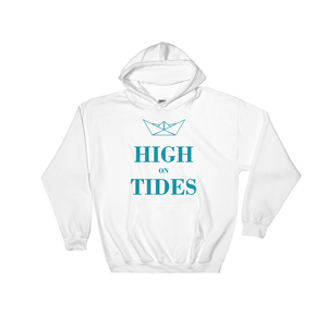 High On Tides Unisex Hooded Sweatshirt, Collection Origami Boat-White-S-Tamed Winds-tshirt-shop-and-sailing-blog-www-tamedwinds-com