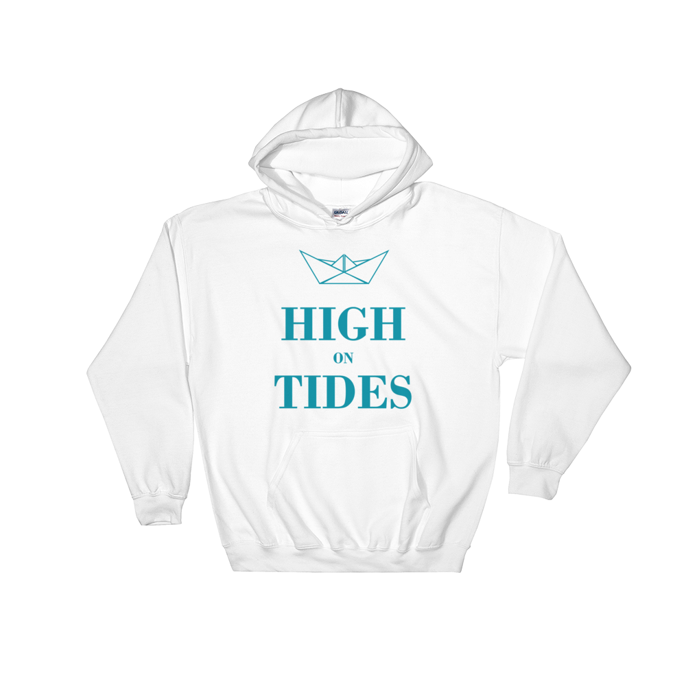 High On Tides Unisex Hooded Sweatshirt, Collection Origami Boat-White-S-Tamed Winds-tshirt-shop-and-sailing-blog-www-tamedwinds-com
