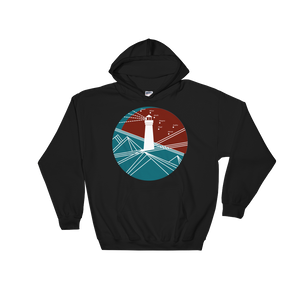 Lighthouse Unisex Hooded Sweatshirt, Collection Fjaka-Black-S-Tamed Winds-tshirt-shop-and-sailing-blog-www-tamedwinds-com