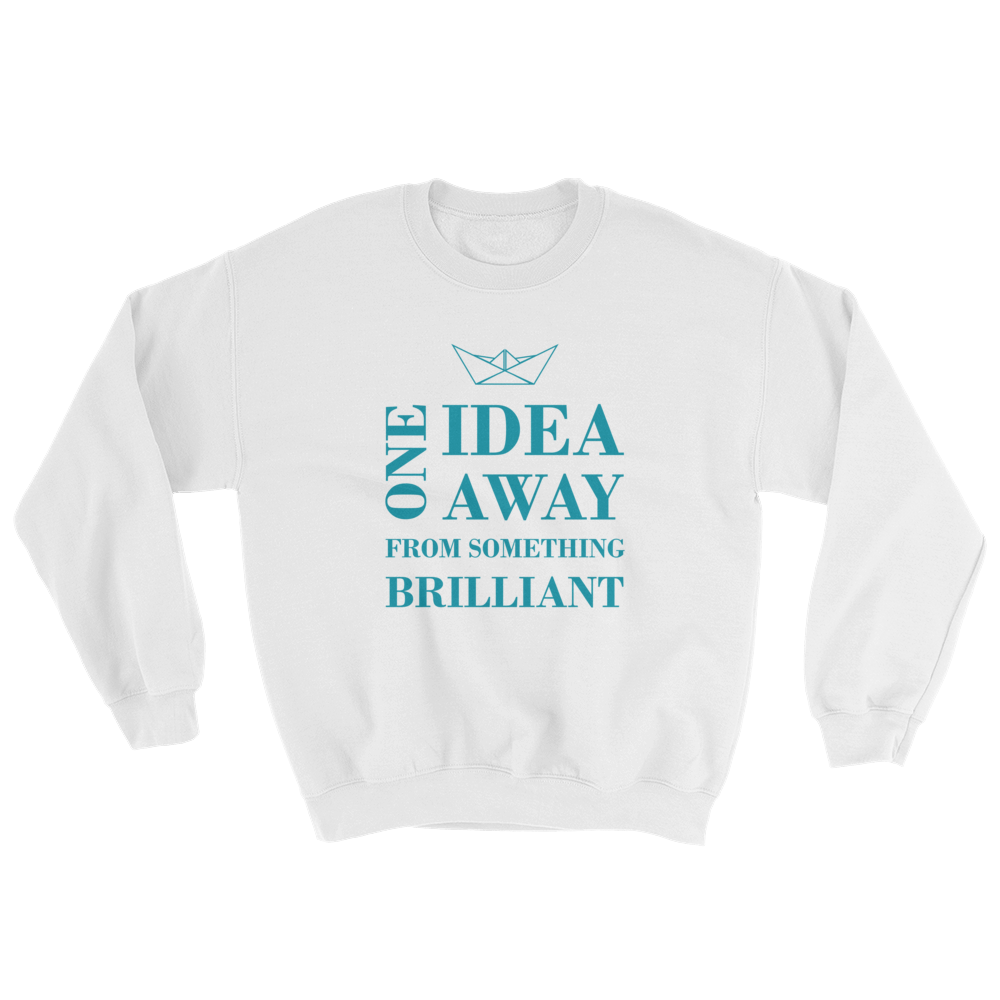 One Idea Away Unisex Crewneck Sweatshirt, Collection Origami Boat-White-S-Tamed Winds-tshirt-shop-and-sailing-blog-www-tamedwinds-com