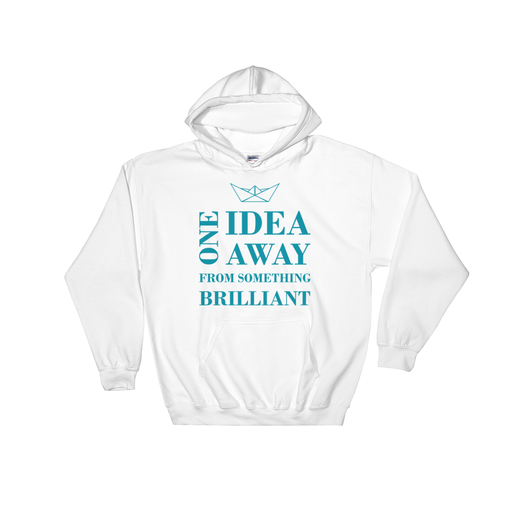 One Idea Away Unisex Hooded Sweatshirt, Collection Origami Boat-White-S-Tamed Winds-tshirt-shop-and-sailing-blog-www-tamedwinds-com