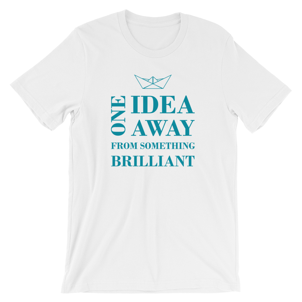 One Idea Away Unisex T-Shirt, Collection Origami Boat-White-S-Tamed Winds-tshirt-shop-and-sailing-blog-www-tamedwinds-com