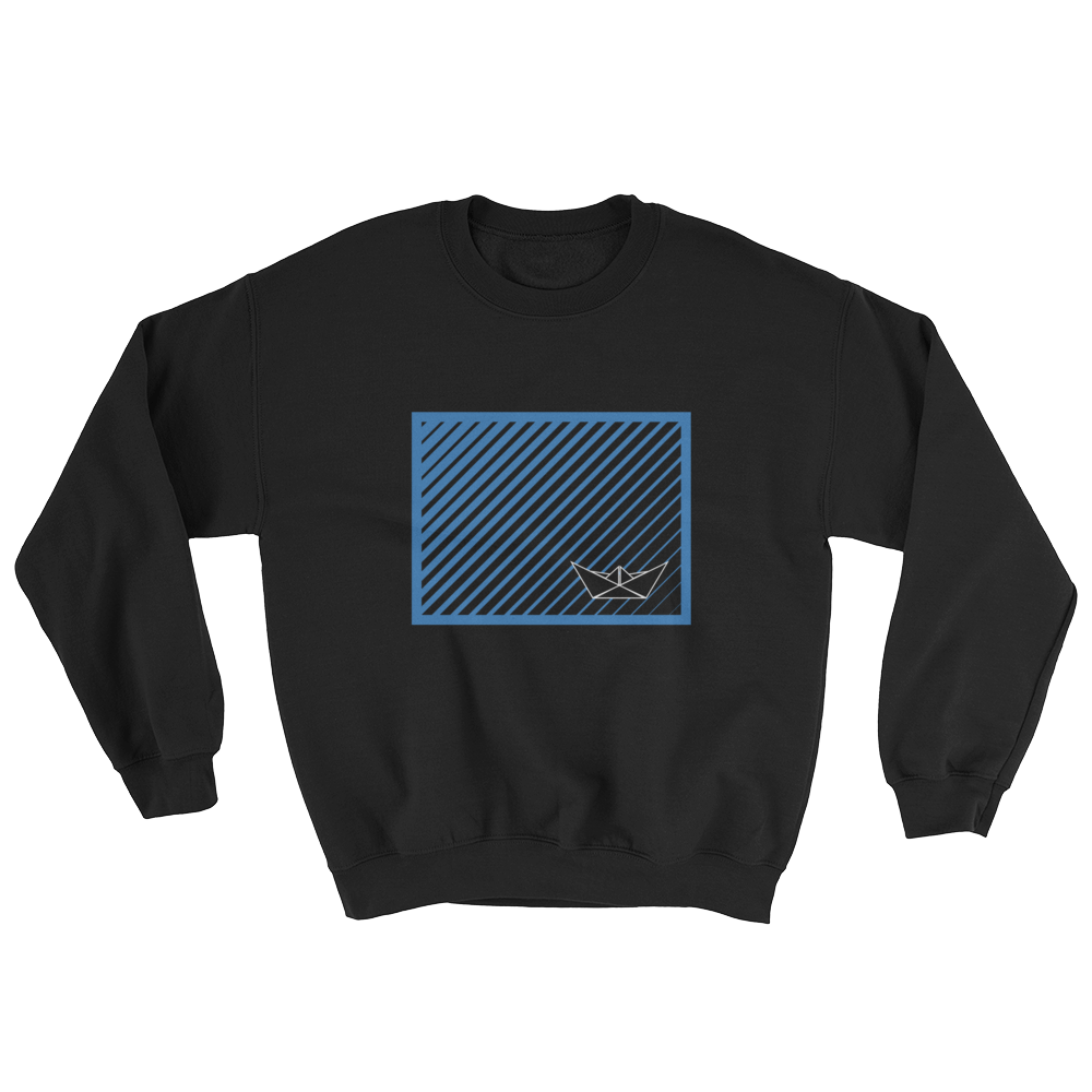 Paper Boat Unisex Crewneck Sweatshirt, Collection Origami Boat-Black-S-Tamed Winds-tshirt-shop-and-sailing-blog-www-tamedwinds-com