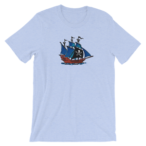 Pirate Schooner Unisex T-Shirt, Collection Ships & Boats-Heather Blue-S-Tamed Winds-tshirt-shop-and-sailing-blog-www-tamedwinds-com