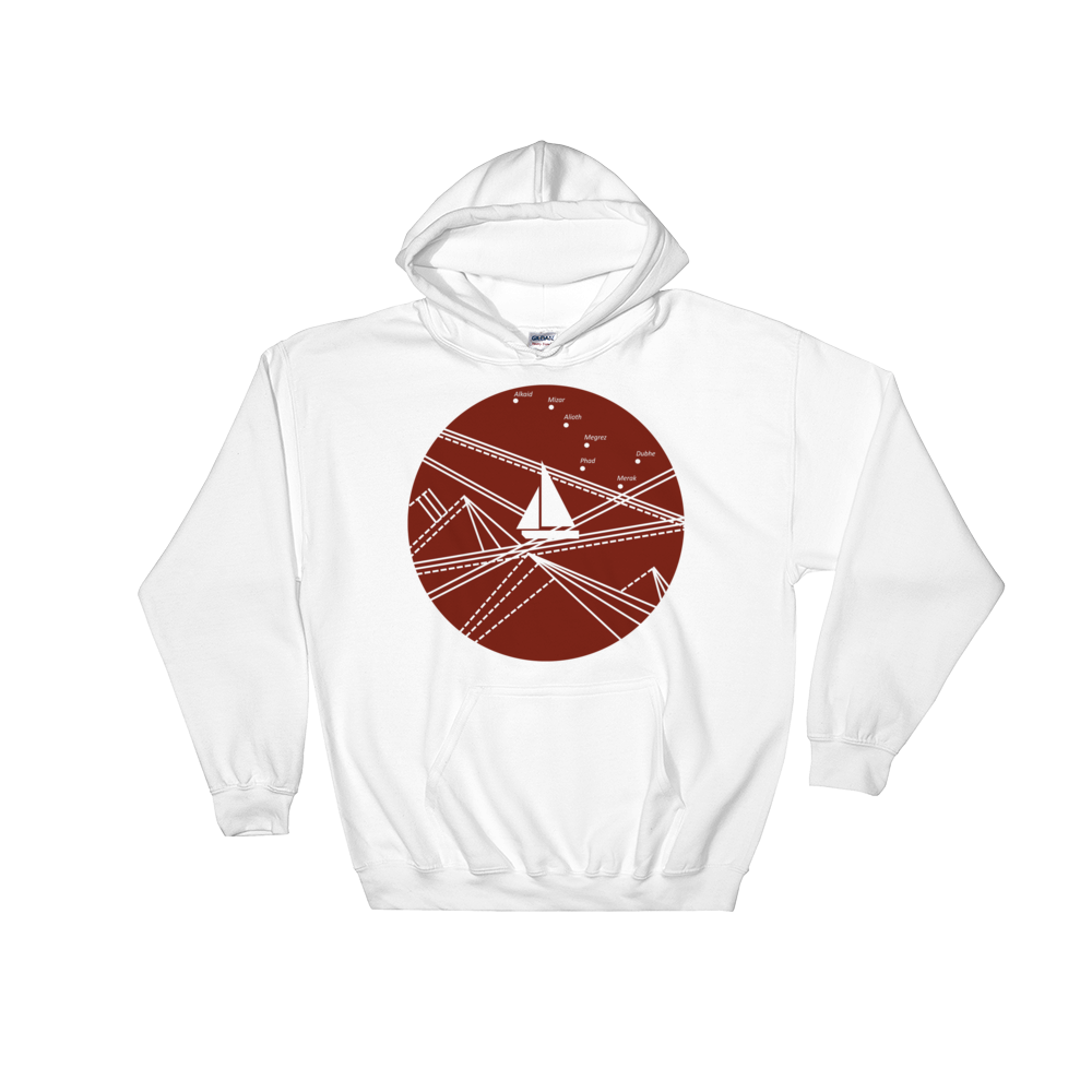 Red Stormy Big Dipper Unisex Hooded Sweatshirt, Collection Fjaka-White-S-Tamed Winds-tshirt-shop-and-sailing-blog-www-tamedwinds-com