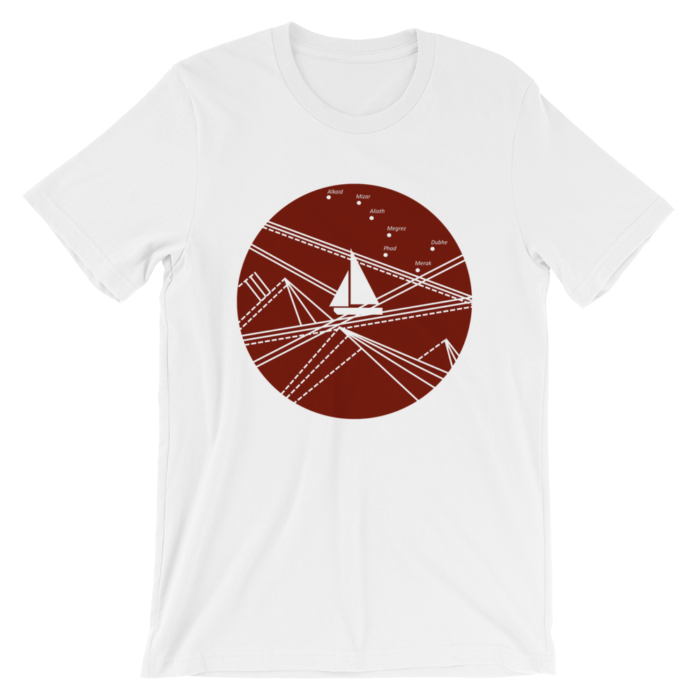 Red Stormy Big Dipper Unisex T-Shirt, Collection Fjaka-White-S-Tamed Winds-tshirt-shop-and-sailing-blog-www-tamedwinds-com