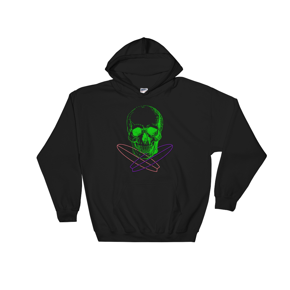 Surfer Skull Unisex Hooded Sweatshirt, Collection Jolly Roger-Black-S-Tamed Winds-tshirt-shop-and-sailing-blog-www-tamedwinds-com